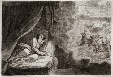 Bibel von Royaumont, Altes Testament: Daniels Vision der vier Monarchien der Assyrer, Perser, Griechen und Römer. Sie sehen vier Monster: Haniel, Kafziel, Azriel, Aniel. Illustration von 1811.