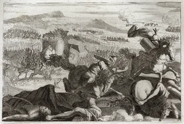 Bibel von Royaumont, Altes Testament: Tod des Judas. Niederlage von Demetrios I. Soter und Nikanor. Tod von Judas Makkabäus in der Schlacht. Illustration von 1811.