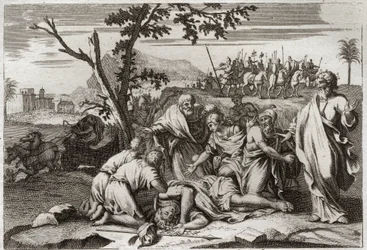 Royaumont-Bibel, Altes Testament: Tod des bösen Antiochus. Der schreckliche Tod von König Antiochus IV. Epiphanes (175-164 v. Chr.) nach einem Sturz vom Pferd. Illustration von 1811