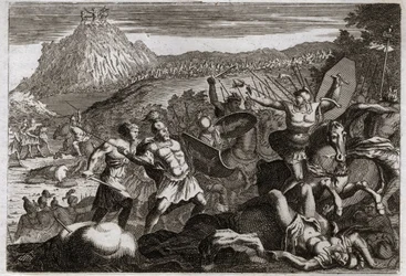 Royaumont-Bibel, Altes Testament: Niederlage von Amalek. Moses erlangte den Sieg über die Amalekiter, indem er seine Hände zum Himmel erhob. Illustration von 1811.