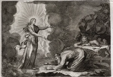 Royaumont-Bibel, Altes Testament: Befreiung von Daniel. Daniel, in der Löwengrube, wird auf wundersame Weise getrunken. Illustration von 1811.