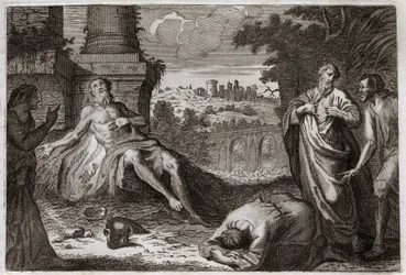 Bibel von Royaumont, Altes Testament: Hiob auf dem Misthaufen. Der heilige Mann Hiob wird vom Dämon versucht, der ihm all sein Gut und alle seine Kinder nimmt, ihn mit einer schrecklichen Wunde schlägt und ihm nur seine Frau lässt, die ihn ungeduldig trägt