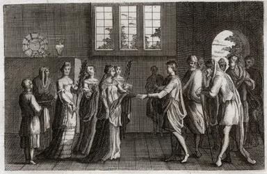 Bibel von Royaumont, Altes Testament: Hochzeit von Isaak. Isaak, Sohn Abrahams, heiratet Rebekka. Illustration von 1811.