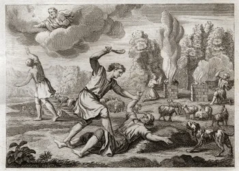 Bibel von Royaumont, Altes Testament: Ermordung Abels. Kain hegt aus Neid Groll gegen seinen Bruder Abel, führt ihn unter dem Vorwand eines Spaziergangs aufs Land hinaus und tötet ihn. Illustration von 1811.