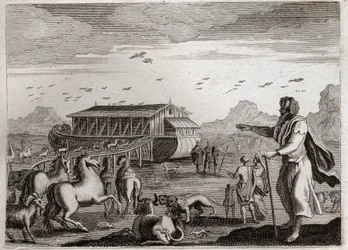 Bibel von Royaumont, Altes Testament: Arche Noah. Gott, verärgert über die Vergehen der Menschen, beschließt, alle mit einer Sintflut zu bestrafen; und um Noe, der gerecht war, zu retten, befiehlt er ihm, die Arche zu bauen. Illustration von 1811.