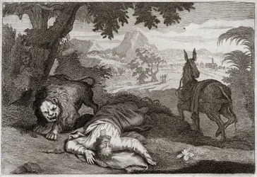 Bibel von Royaumont, Altes Testament: Ungehorsamer Prophet. Ein Prophet, der Jerobeam von seinem gottlosen Weg abgebracht hat, wird von einem Löwen getötet, weil er dem Herrn nicht gehorcht hat, der ihm verboten hatte, an diesem Ort zu essen und zu trinken