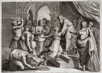 Bibel von Royaumont, Altes Testament: Königin von Saba. Die Königin von Saba kommt zu Salomo, um seine Weisheit zu hören und ihm Geschenke zu bringen. Illustration von 1811.