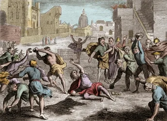 Bibel von Royaumont, Altes Testament: Darstellung des Schismas von Rehabeam, das das Königreich Israel nach Salomos Tod teilte - sein Volk schickt Abgeordnete zu Rehabeam, seinem Sohn, der, indem er den Rat der jungen Männer dem der alten Männer vorzieht, 