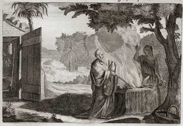 Bibel von Royaumont, Altes Testament: Opfer von Gedeon. Gedeon (Gideon) wird von Gott berufen, die Juden von ihren Feinden zu befreien. Er bringt ein Opfer auf einem Stein dar, aus dem ein Feuer hervorgeht, das es verzehrt. Illustration von 1811.
