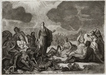 Bibel von Royaumont, Altes Testament: Zweite Vision von Ezechiel. Die Vision, die der Prophet Ezechiel von mehreren vertrockneten Knochen hatte, die eine menschliche Form annahmen. Illustration von 1811.