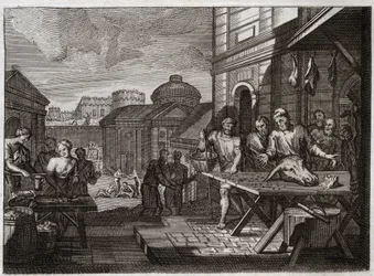 Bibel von Royaumont, Altes Testament: Belagerung von Samaria. Der König von Syrien belagerte die Stadt Samaria und reduzierte sie zu einer schrecklichen Hungersnot. Illustration von 1811.