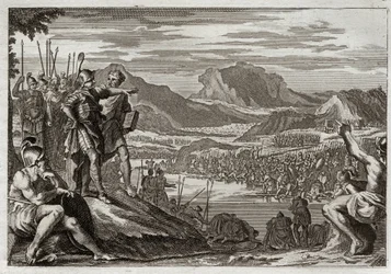 Royaumont-Bibel, Altes Testament: Soldaten von Gideon. Gott befiehlt Gideon, alle seine Truppen zum Jordanfluss zu führen, und gibt ihm ein Zeichen, um diejenigen zu erkennen, die er im Kampf gegen die Midianiter einsetzen soll. Illustration von 1811.