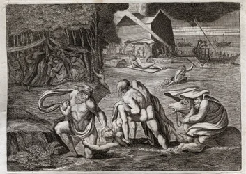 Bibel von Royaumont, Altes Testament: Die Sintflut. Die Sintflut überschwemmt die ganze Erde. Die einzige Arche rettet diejenigen, die darin eingeschlossen waren, vor dem Untergang. Illustration von 1811.