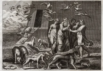Bibel von Royaumont, Altes Testament: Der Regenbogen. Noe verlässt die Arche und opfert Gott, der es wohlwollend annimmt. Er verspricht, keine Sintflut mehr auf die Erde zu senden. Er gibt den Regenbogen als Zeichen der Wahrheit dieses Versprechens. Illust