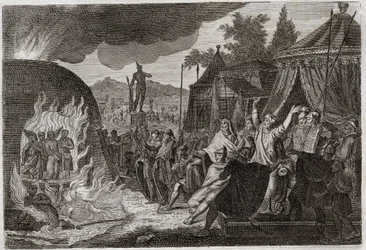 Bibel von Royaumont, Altes Testament: Die drei Kinder von Babylon im Feuerofen. König Nebukadnezar II. wirft drei junge Hebräer in einen brennenden Ofen, aus dem sie wundersam befreit werden. Sie heißen Ananias, Azarias und Misael (oder Schadrach, Meschach