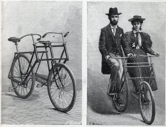 Fahrrad mit zwei Sitzen von der Firma „Punnett Cycle“ ohne und mit Radfahrern. Gravur in „La Nature“