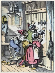 Die Zicklein hören, wer an die Tür klopft. Illustration des Märchens „Compere le Loup, Maitre Renard, Comere la Chevre et ses petits biquets“ nach einer Fabel von Jean de La Fontaine. In „Märchen aus dem Heim für die Kleinen“. Anonyme Gravur des 19. Jahrhu