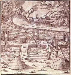 Bitumenernte. Georg Bauer Agricola „De Re metallica“ Buch des 16. Jahrhunderts. Bibl. des Wissenschaftsmuseums, Mailand.
