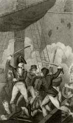 Blackbeard entert die Pearl, kommandiert von Leutnant Maynard