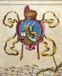Wappen der Republik Venedig schmückt den Löwen von San Marco. 19. Jahrhundert