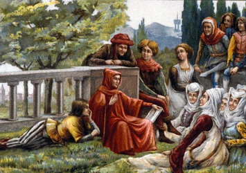 Boccaccio liest seinen Freunden während der Pestepidemie in Florenz um 1348 den Decameron vor. Chromolithographie des späten 19. Jahrhunderts