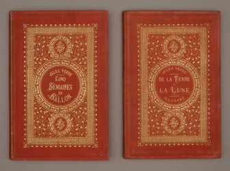 Buchcover „Fünf Wochen im Ballon“ und „Von der Erde zum Mond“ von Jules Verne
