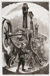 Brunton-Maschine zum Tunnelbau in weichen Gesteinen - in „Die neuen Eroberungen der Wissenschaft: Elektrizität“ von Louis Figuier, sd.