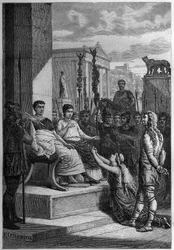 Gefangenschaft von Caratacus - Caratacus (Caratacos, Caratacus) in Gefangenschaft mit seiner Familie spricht den römischen Kaiser Claudius (Claude I) (10 v. Chr.-54 n. Chr.) an - Gravur in „L