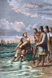 Knut der Große überzeugt seine Berater, dass er nicht die Macht hat, die Flut zu stoppen - König Knut II. der Große (Knud I. der Große) (um 995-1035), König von England ab 1016, von Dänemark ab 1018 und von Norwegen ab 1030 - Er zeigt seinen Höflingen, das