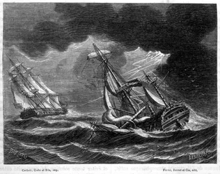 Das Schiff von Kapitän Cook wurde dank seines Blitzableiters verschont, in der Nähe eines von einem Blitz getroffenen niederländischen Schiffes - in „Die Wunder der Wissenschaft“ von Louis Figuier