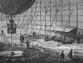 Gefesselter Ballon gebaut von Henry Giffard im Tuileriengarten im Jahr 1878. In „Album de la Science“, Éditions Jouvet.