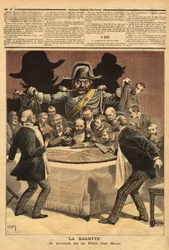 Karikaturillustration „la galette“, über das Fest der Könige, bei dem der Bankier den Kuchen schneidet, alle stürzen sich darauf, um ein Stück zu bekommen und finden statt einer Bohne den Gendarmen. Gravur in „Le petit journal“ 7/01/1893. Sammlung Selva.