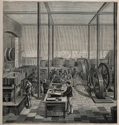 Zelluloid: Zelluloidherstellung. Gravur von 1885 in „Les arts et métiers illustrés“ von Adolphe Bitard.