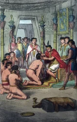 Zeremonie in der Inka-Hauptstadt Cuzco: Manco Capac (Ayar Manco) verleiht den Prinzen des Blutes Auszeichnungen, indem er ihre Ohren durchbohrt - Gravur aus 