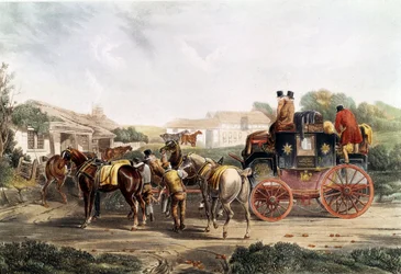 Wechsel des Gespanns an der Herberge während einer Kutschfahrt