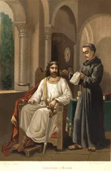 Karl der Große (747-814), König der Franken und Kaiser des Westens, und Alkuin (ca. 781). Nach „La Ciencia y sus Hombres“ von Louis Figuier. Barcelona 1881