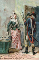 Charlotte Corday (1768-1793) nach der Ermordung Marats. Liebig-Chromolithografie aus dem 19. Jahrhundert