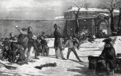 Kindheit Napoleons I. Bonaparte (1769-1821) an der Militärschule von Brienne-le-Château (Aube) im Jahr 1782: Napoleon inmitten einer Schneeballschlacht zwischen Kindern.