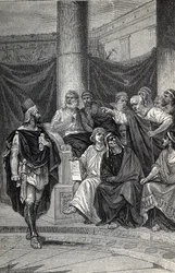 Cineas, wichtiger Berater von König Pyrrhus, versucht nach der Schlacht von Heraclea 280 v. Chr. mit den Römern zu verhandeln, Gravur 1884