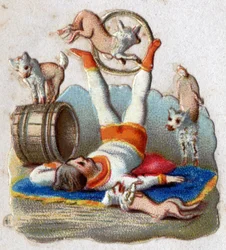 Zirkus: Ein Tierbändiger lässt Hunde durch einen Reifen springen. Chromolithographie um 1890.