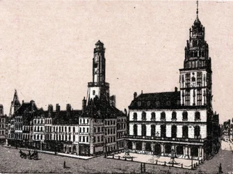 Stadt Calais: alter Leuchtturm und Rathaus