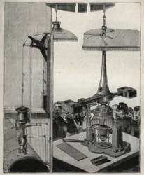 Münze: Die Dampfwaage der Londoner Münze. Gravur von 1885 in „Les arts et métiers illustrés“ von Adolphe Bitard.