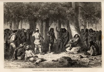 Handelsvorschläge zwischen den Siriniris-Indianern und den Mitgliedern der Expedition, Organisation des Austauschs von Messern und Nadeln gegen Vogelfedern, die an einem Weinstockzweig und Aras aufgereiht sind, im Dorf Huatinmio, das in den Höhen der Karpa