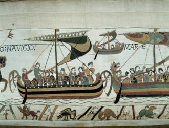 Eroberung Englands durch Wilhelm den Eroberer (1027-1087) im Jahr 1066: Die normannischen Flotten steuern auf England zu. Detail des Teppichs von Bayeux oder der Stickerei von Königin Mathilde