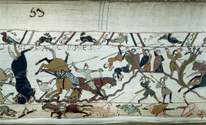 Eroberung Englands durch den Herzog der Normandie Wilhelm den Eroberer (1027-1087) im Jahr 1066: Die Schlacht von Hastings (Detail des Teppichs von Bayeux oder der Stickerei von Königin Mathilde)