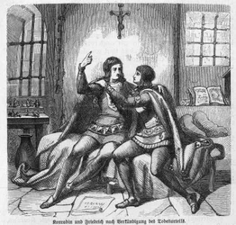 Konradin von Schwaben und Friedrich von Baden werden im Gefängnis in Neapel über ihre Hinrichtung informiert - Konradin von Hohenstaufen, König von Sizilien (Italien) und Jerusalem (Israel) unter dem Namen Konrad.