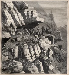 Bau einer Bergstraße in den Alpen - Gravur in „La Science française“