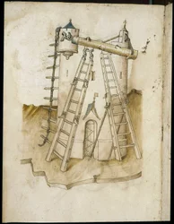 Bauarbeiten - Manuskript: Pergamentblatt eines Ingenieurhandbuchs für den Bau ziviler, religiöser und militärischer Gebäude, anonym, späte 15. Jahrhundert (Figur in chinesischer Tinte)