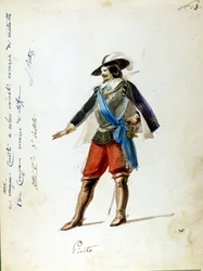 Kostüm für die Figur des Arrigo in der Oper „Giovanna de Guzman“, Name der ersten Aufführung der Sizilianischen Vesper (I vespri siciliani) komponiert von Giuseppe Verdi. Anonymes Kostüm für das Scala-Theater in Mailand 1856.