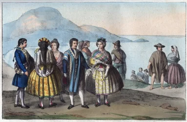 Trachten der Bevölkerung von Concepción, Chile - Stich aus „Usi e Costumi di Tutti i Popoli dell